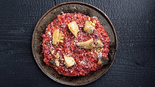 Bete-Risotto mit gebratenen Seitlingen Bete-Risotto mit gebratenen Seitlingen